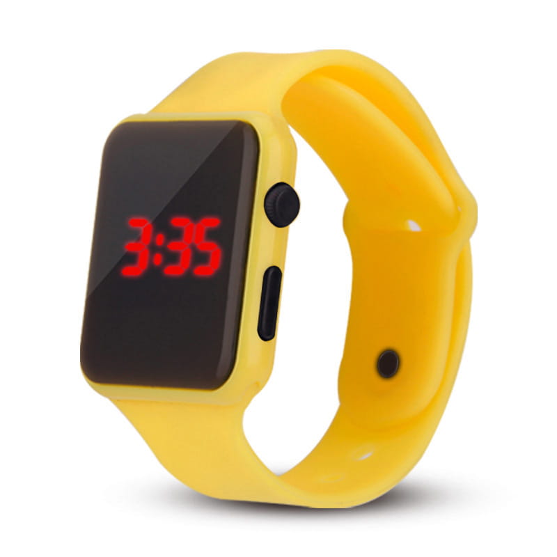 Reloj digital de silicona amarillo brillante para hombres y mujeres, deportivo, con pantalla rectangular que muestra números rojos para un uso casual.