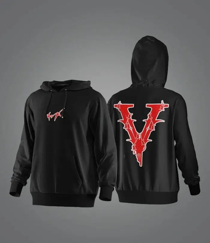 Black oversized hoodie showing the back side with a bold red v graphic featuring barbed wire detailing and a smaller matching logo on the left chest ideal for streetwear.