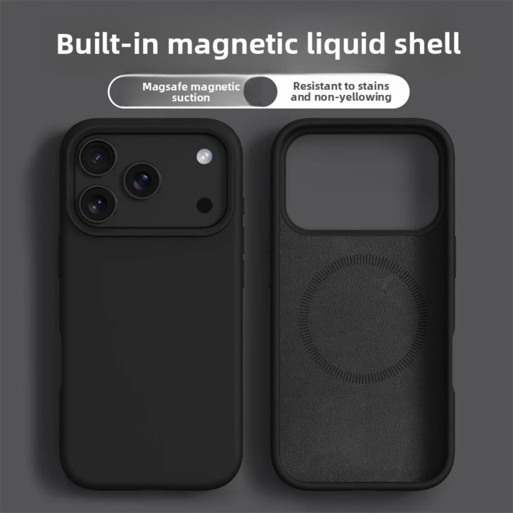 iPhone 17 Pro Max向けのブラック磁性液シリコーンケースで、背面を表示。洗練されたマット仕上げとカメラシステム用の精密な切り欠きを備えています。