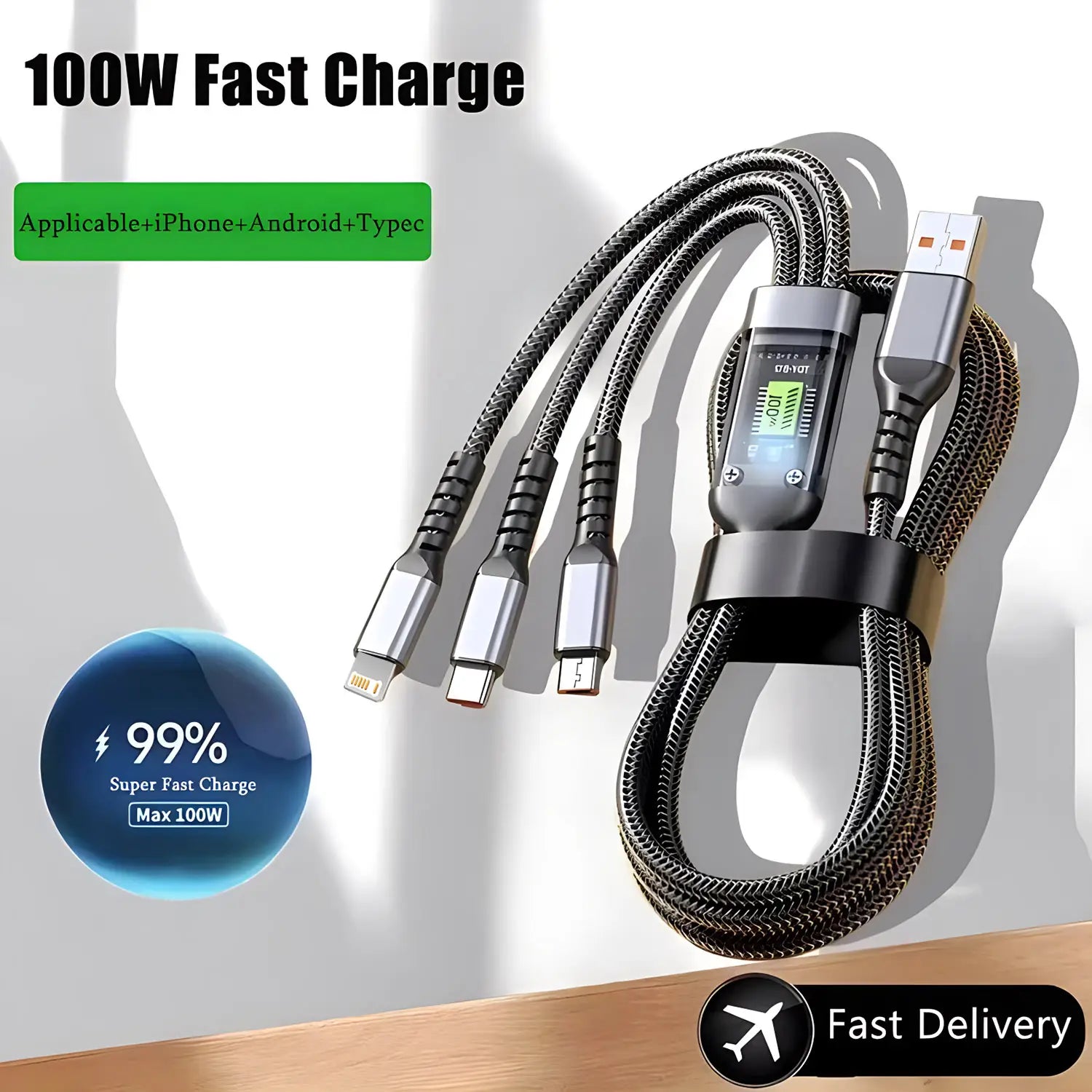 Câble en nylon noir tressé de charge rapide 3-en-1 100 W avec affichage numérique et trois connecteurs pour appareils iPhone, Android et type-C.