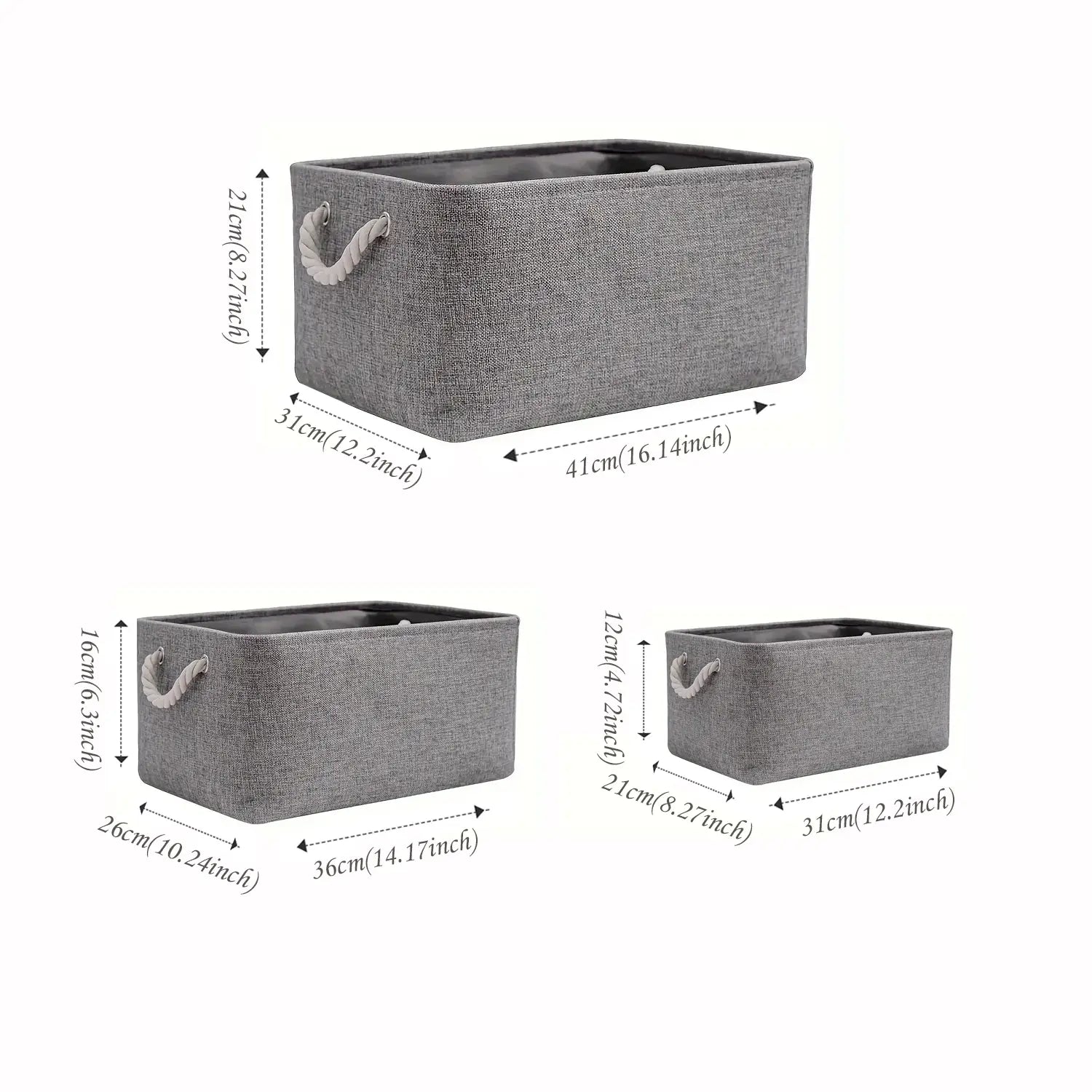 panier de rangement en tissu tissé gris avec une surface texturée et des poignées assorties en corde, conçu comme une boîte en tissu pliable pour divers usages de rangement