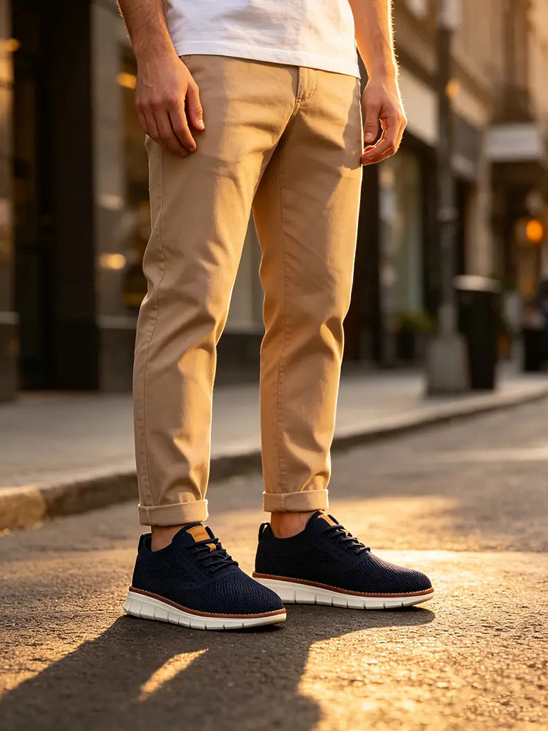 Zapatillas casual transpirables de punto azul marino para hombre para caminar con suelas blancas y acentos camel.