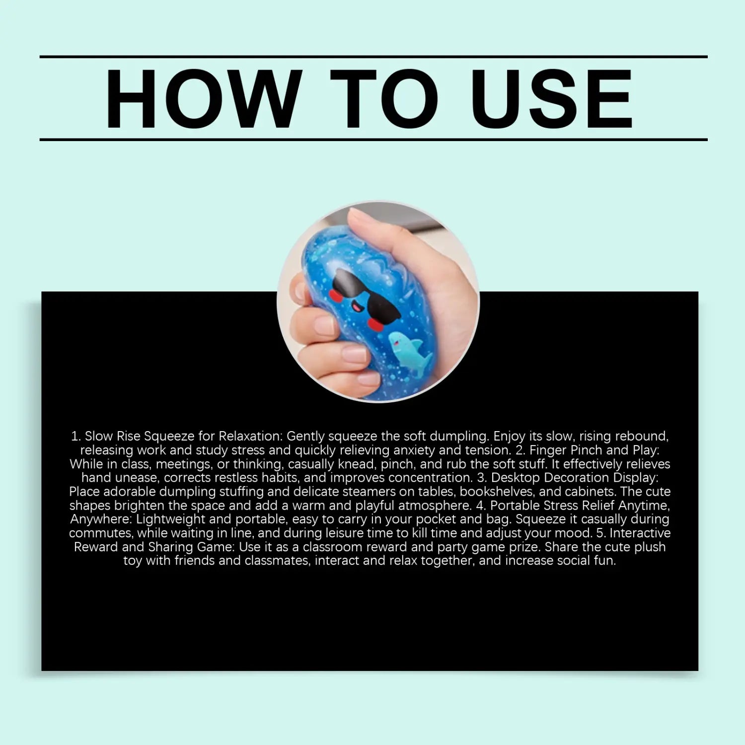 blue squishy stress ball with a cartoon shark face and black sunglasses as finished goods designed for stress relief and squeezing.