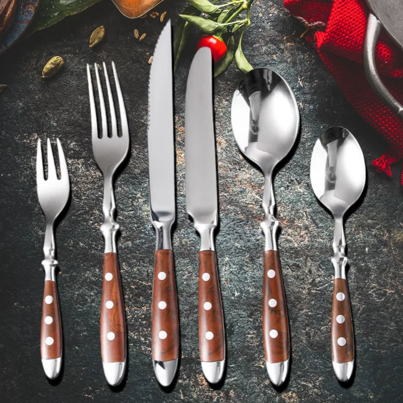 Stainless Steel Tableware Set, a 6-Piece Set Including Knife, Fork and Spoon, Kitchen Knives and Tableware for Dining Room