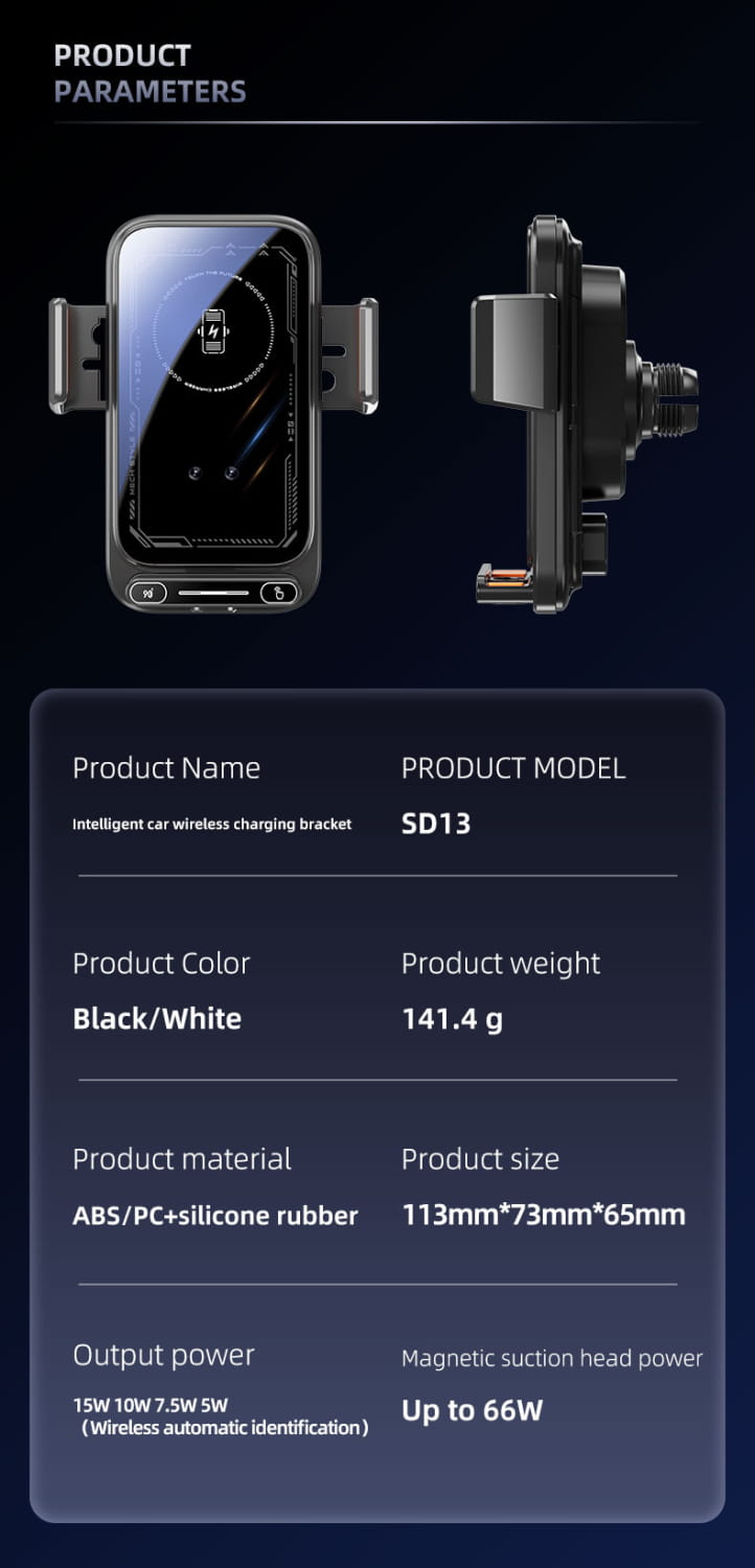 Black and white wireless car phone charger mount 15w with intelligent car wireless charging bracket featuring abs pc and silicone rubber construction.