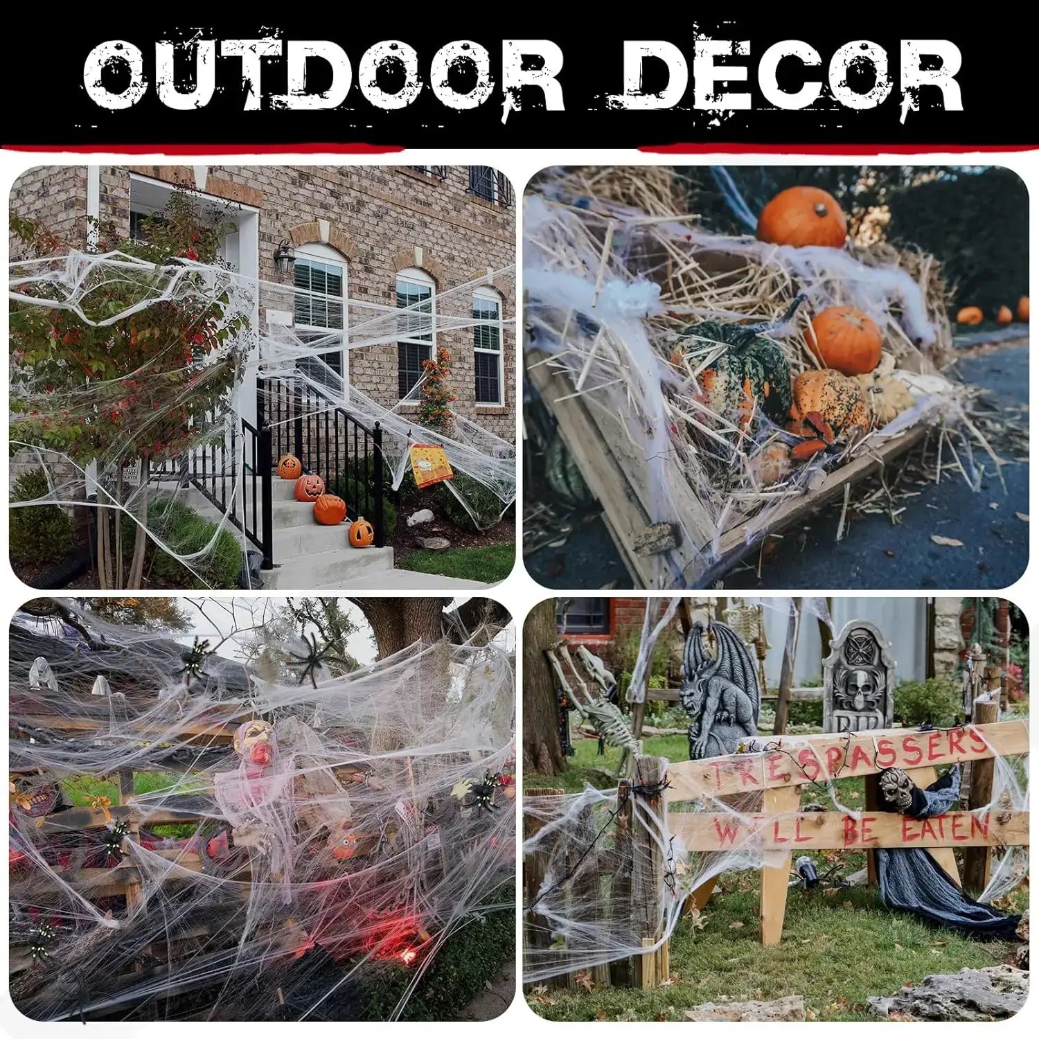telarañas blancas semitransparentes de máxima elasticidad mostradas en vista frontal como decoraciones de fiesta de Halloween para uso en exteriores