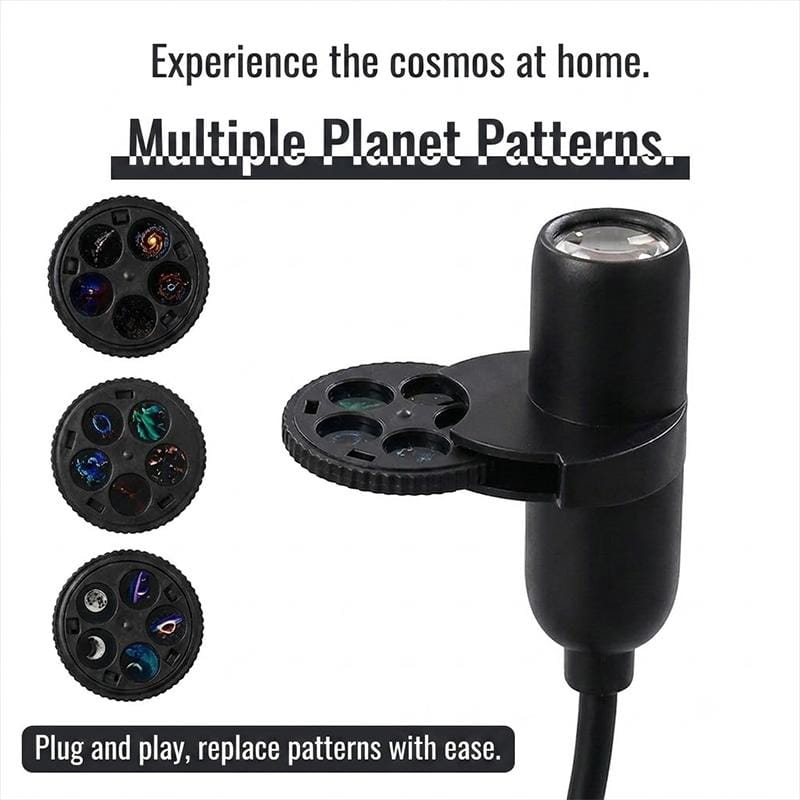 black plastic usb galaxy projector with replaceable projection discs featuring cosmic patterns for customizable starry night projections