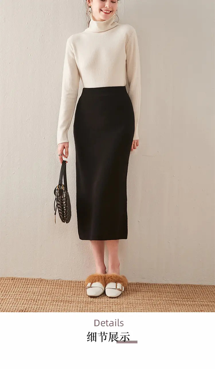 black woven handbag with a structured shape and textured surface paired with a wool knit midi high waisted pencil skirt