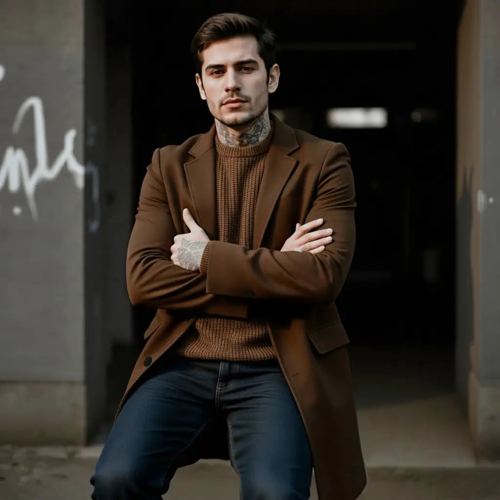 Un homme portant un manteau d’hiver en laine à simple boutonnage marron par-dessus un pull assorti à texture tricotée.