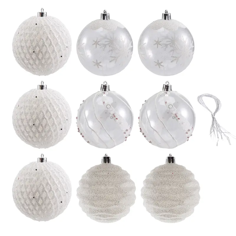 Set of nine white shatterproof Christmas baubles with varied textures and subtle silver accents for tree decoration.