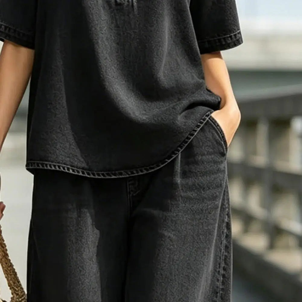 Women's 2 Piece Denim Outfit Summer Short Sleeve V Neck Lapel Top Wide Leg Pants With Pockets Casual Vacation Sets