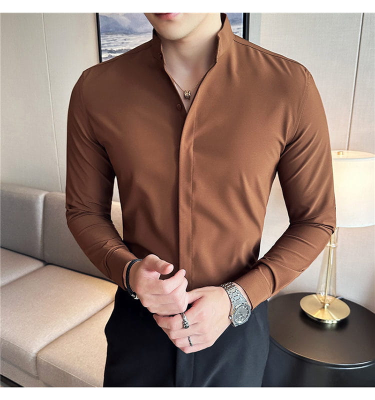 A sleek brown men dress shirt with a slim fit stand collar and subtle vertical seam detailing designed to ensure the correct size for formal occasions.