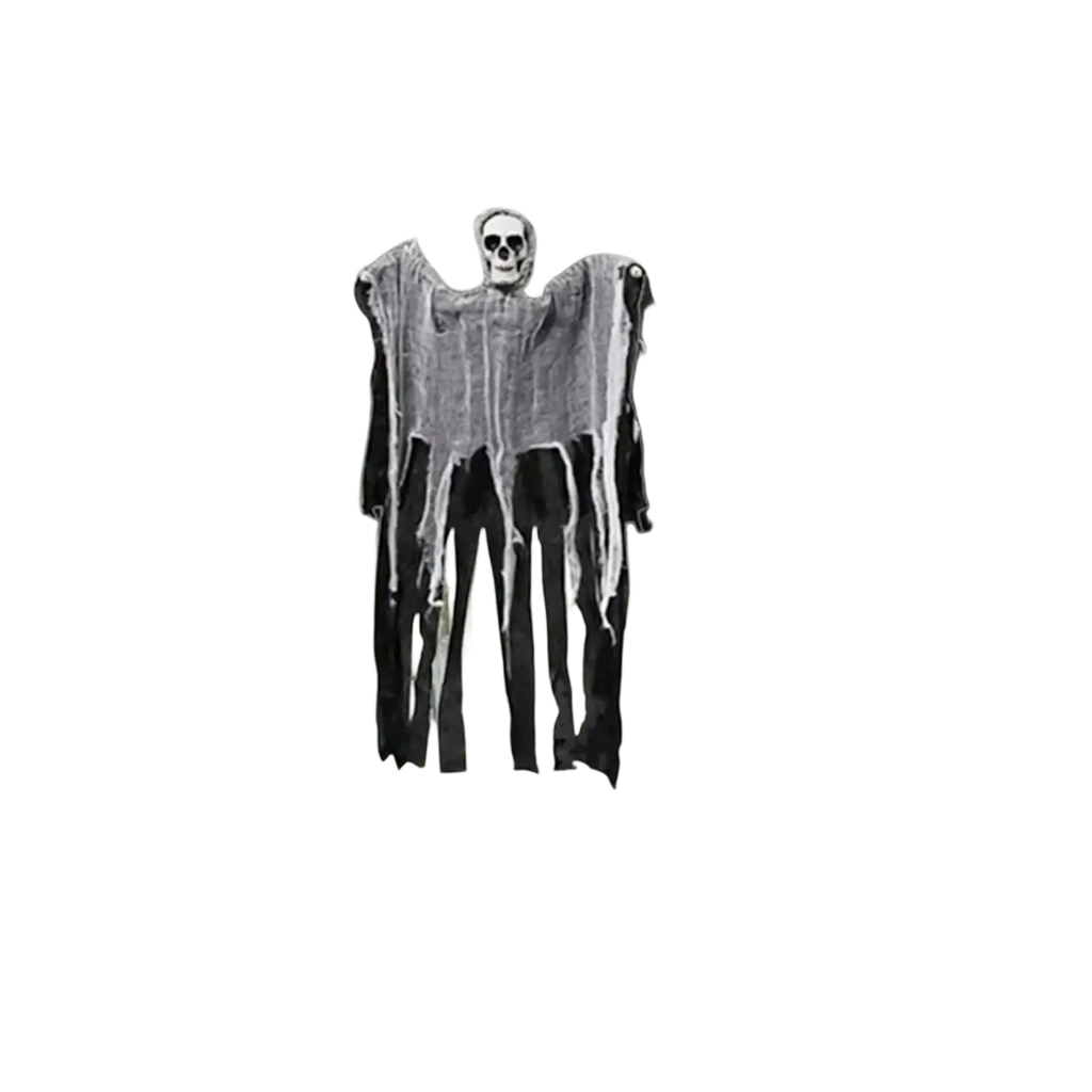 A spooky black and gray ghost figure with a skull head draped in tattered fabric for halloween party decorations