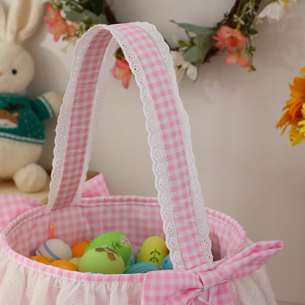 Easter Basket With Lace For Kids Trim Cute Quilted Gingham Egg Hunting Basket Spring Gift-giving Easter Accessory Party Supply