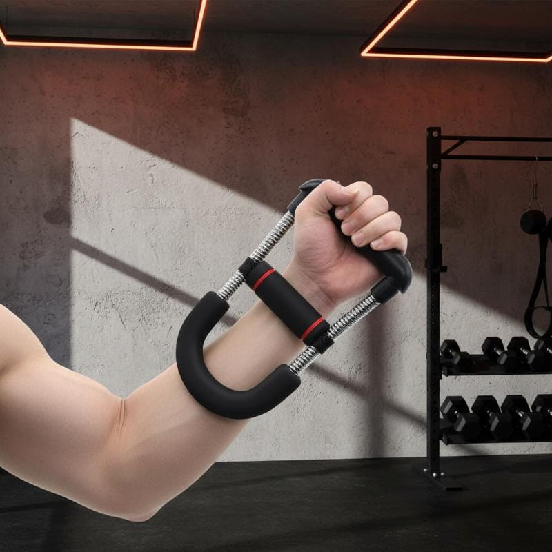 adjustable forearm strength trainer with black and red textured rubber handles and electroplated carbon steel metallic springs designed for fitness training and improving forearm strength.