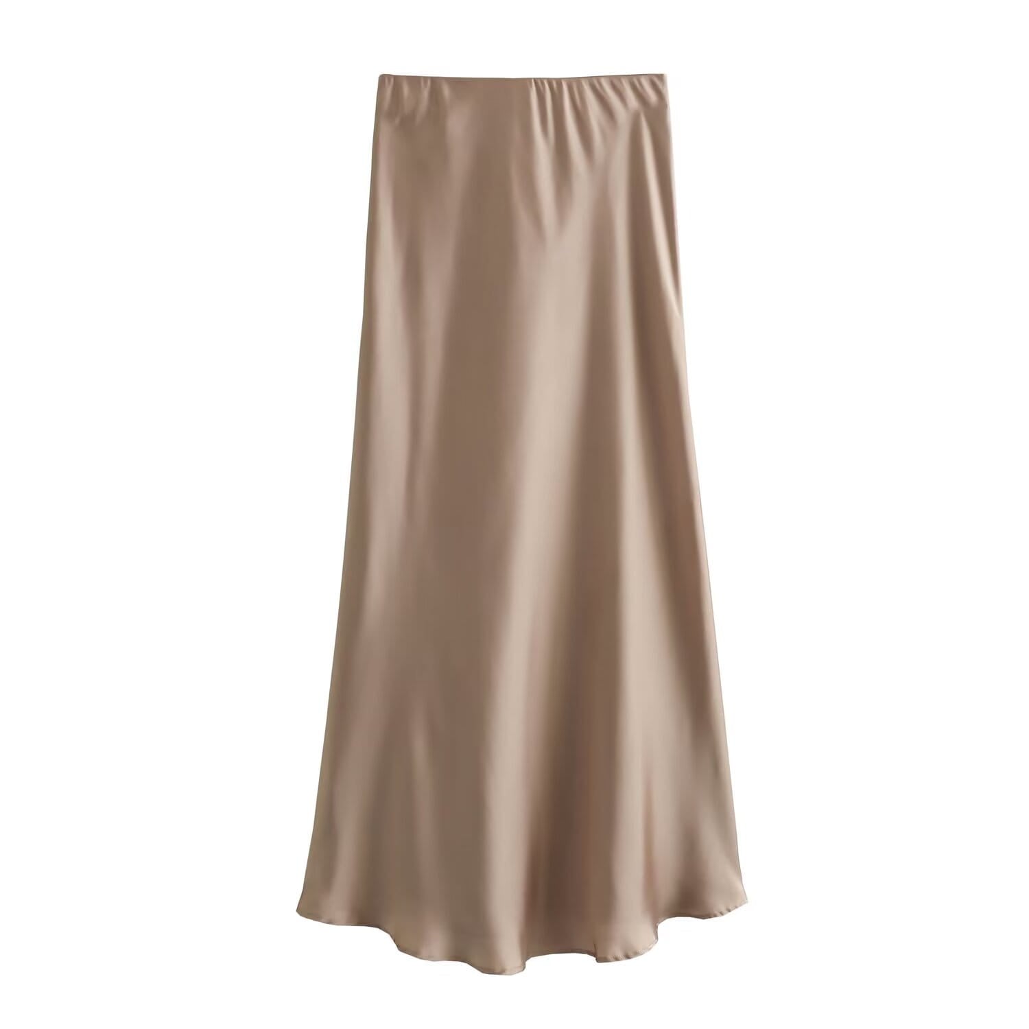 Une jupe midi fluide en satin beige, à taille haute avec ceinture élastique et finition lisse et brillante, conçue pour un port long et élégant.