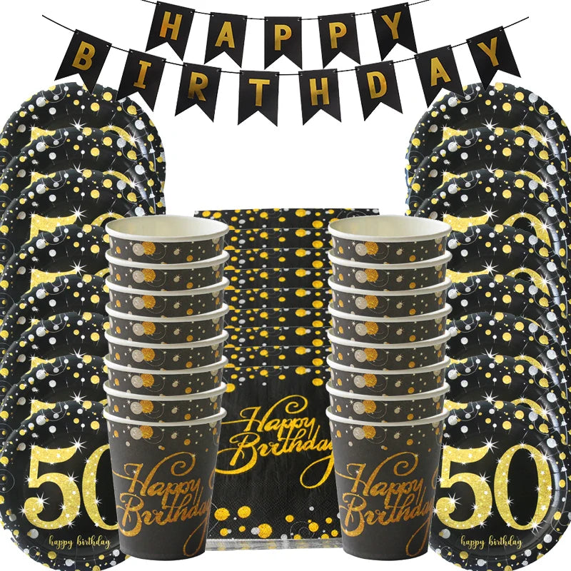 1set 30th 40th 50th 60th Years Old Happy Birthday Disposable Tableware Set Paper Plate Cup Napkin Anniversary Decor Supplies