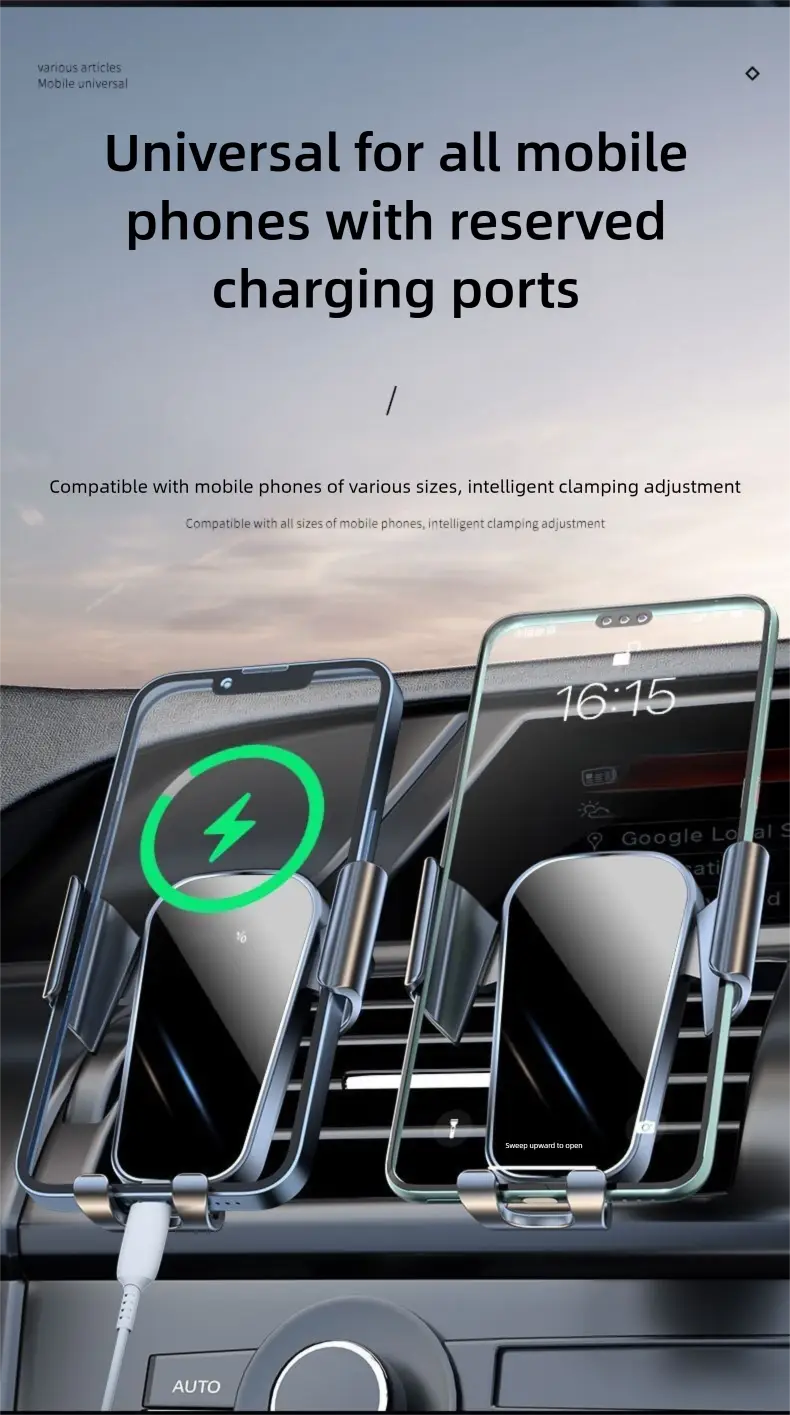 Silver metallic gravity car phone holder air vent mount with adjustable clamps for universal compatibility.