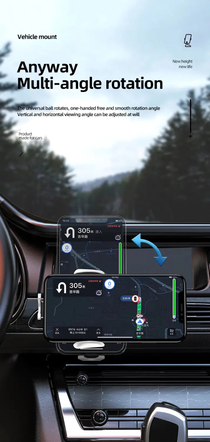 Black smartphone mount with multi-angle rotation design for car use compatible with car wireless charger and fast charging functions.