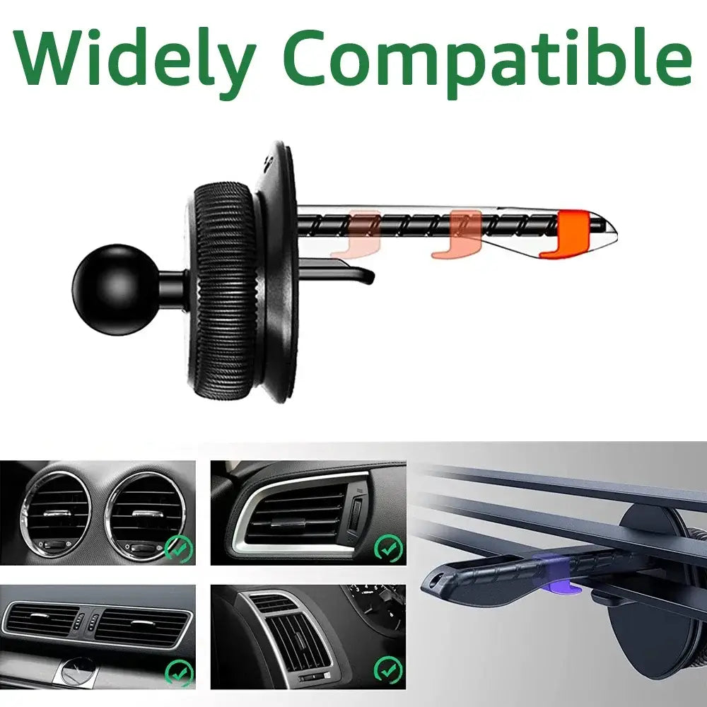 Soporte magnético para teléfono en rejilla de ventilación del automóvil negro con empuñadura de agarre texturizada y acento naranja en el brazo ajustable, que presenta una cabeza de bola de 17 mm visible desde el ángulo frontal.