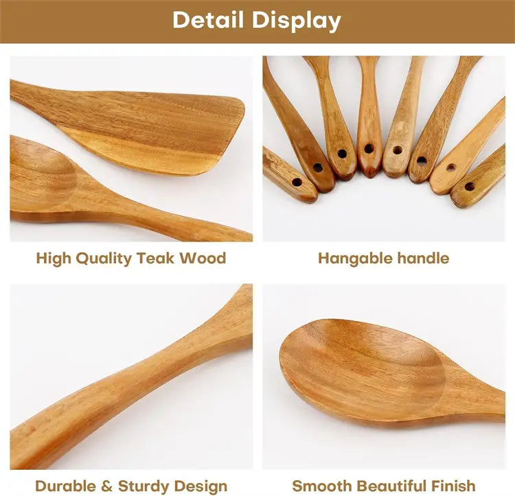 Set of high-quality teak wood cooking utensils with smooth beautiful finish and hangable handles in a natural wooden kitchen utensil set.