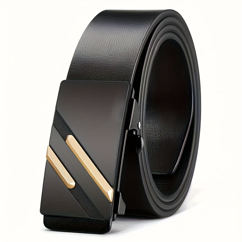 Men automatic buckle synthetic leather belt in black with a sleek modern buckle featuring two gold tone diagonal stripes.