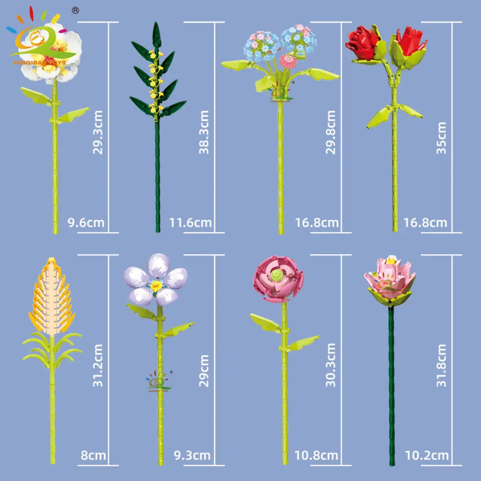 Des modèles de fleurs en plastique colorées dans divers designs et tailles, incluant des roses rouges, des lys blancs, des pensées bleues, des pivoines roses et des tiges de maïs jaunes, issus de l’ensemble de bouquet de fleurs en briques, pour les amateurs de blocs