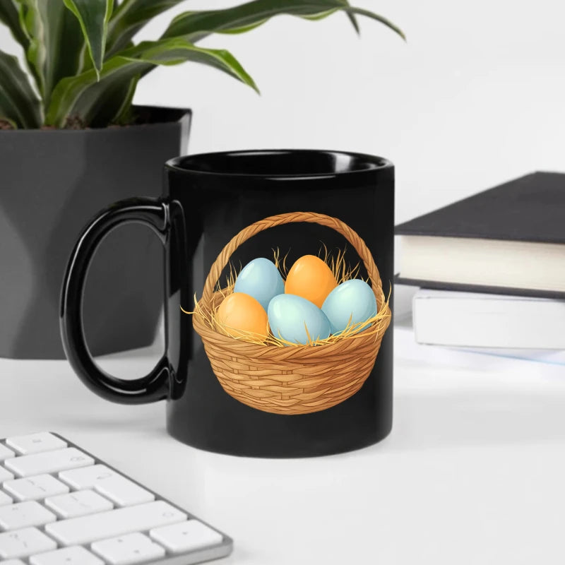 Easter coffee mug, black basket with colorful egg design, suitable for spring and holiday mornings
