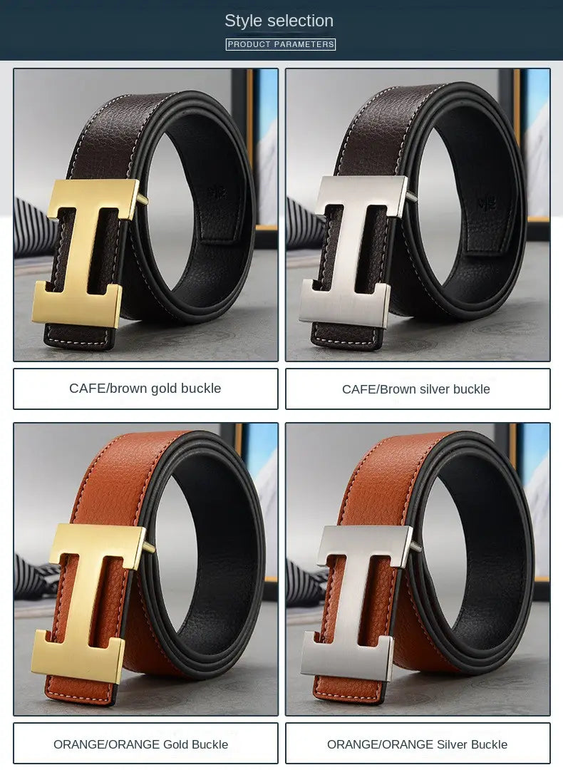 Brown leather men’s belt featuring a distinctive h-shaped buckle available in gold or silver finish.