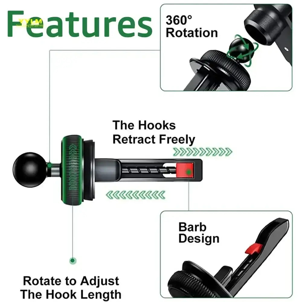 Black and green adjustable car air phone holder with 17mm ball head and 360-degree rotating barb design for secure attachment