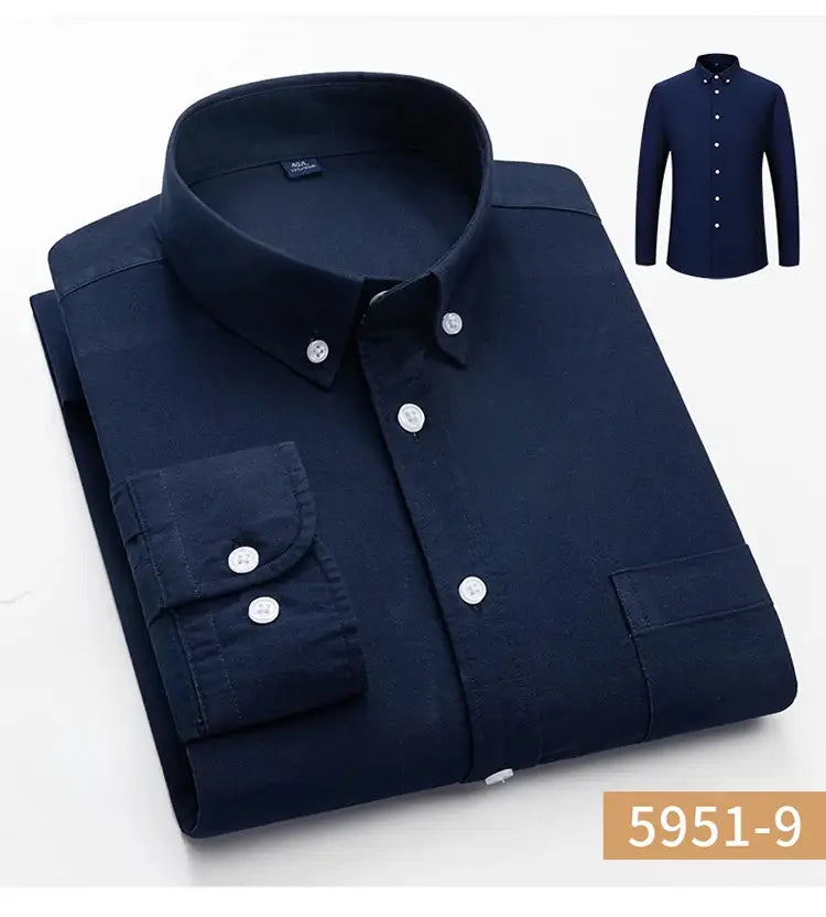 Dark navy blue men’s cotton Oxford slim fit plaid button-down shirt with white buttons and a classic collar.