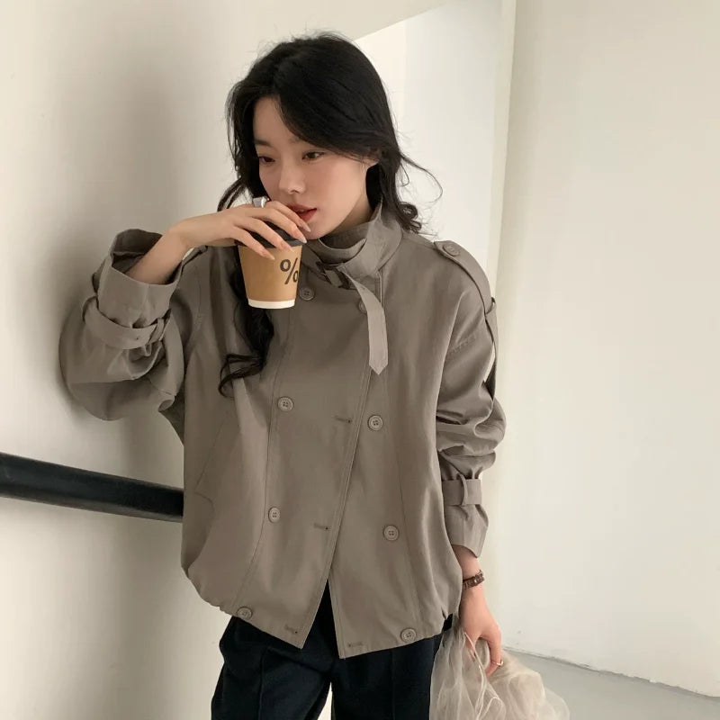 Women's Loose Short Trench Coat Solid Stand Collar Double Breasted Cropped Windbreaker 2026 New Autumn Casual Lady Trench Coats