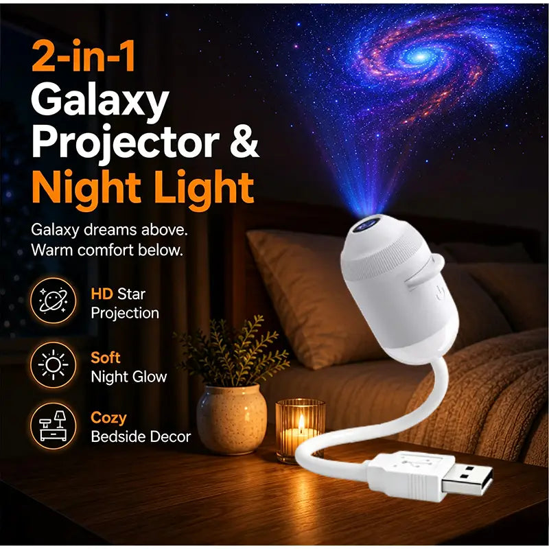 white usb-powered starry sky night light atmosphere lamp with flexible neck casting a swirling blue and purple starfield onto the ceiling