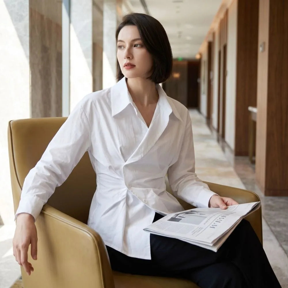 Formal Wear Irregular Long Sleeve Shirt Slim Fit Waist-cinching Women Blouse Elegant V Collar Shirt Top Office