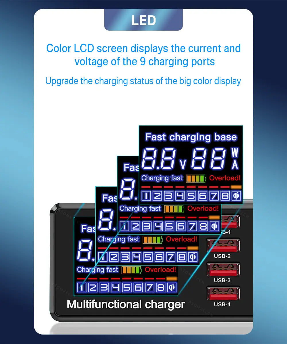 Station de charge USB asometech 100 W avec écran d’affichage couleur LED LCD multifonction et plusieurs ports USB pour la charge rapide, ainsi qu’un affichage numérique en temps réel de l’état de charge.