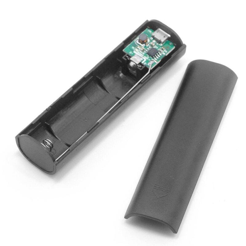black plastic portable 18650 power bank case diy shell charger backside showing battery compartment with visible green circuit board and usb port.