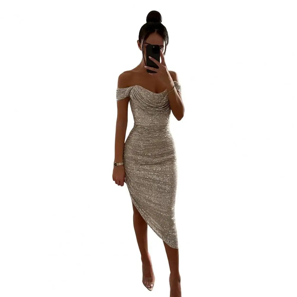 Women Christmas Party Dress Sequined Irregular Hem Evening Dress Low-cut Prom Wedding Party Formal Slit Hem Ladies Midi Dress