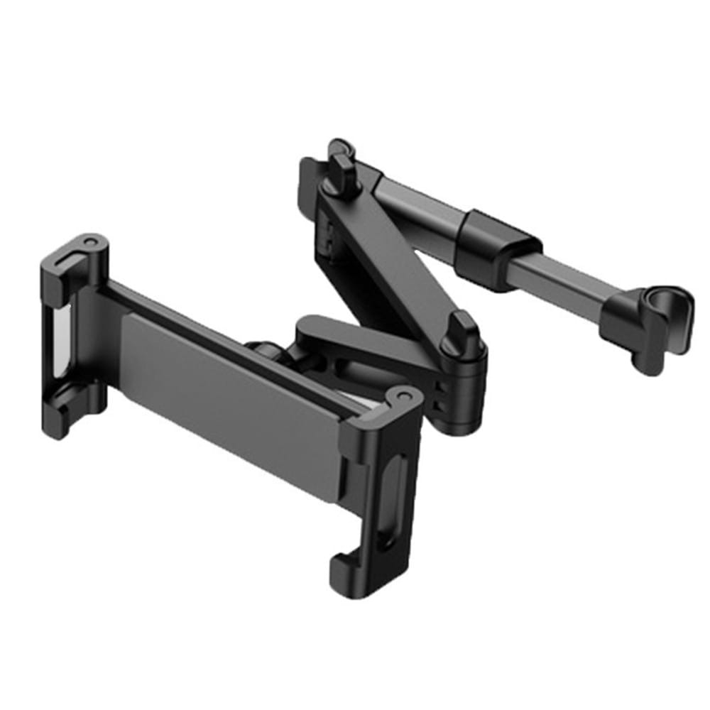 Soporte para tableta para reposacabezas de automóvil negro ajustable con brazos articulados y diseño de abrazadera para dispositivos de 4,7 a 13 pulgadas.