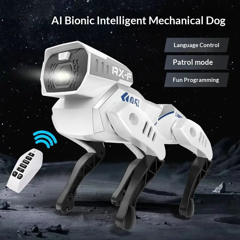White and black ai bionic intelligent mechanical dog rx-f model with a sleek robotic design for interactive toy with voice control.