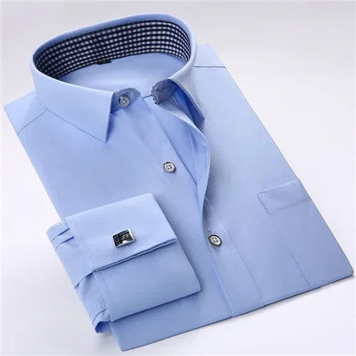 Men's Collar French Cuff Dress Shirts Business Contrast  Single Patch Pocket Regular-fit Long Sleeve Social Wedding Party Shirt