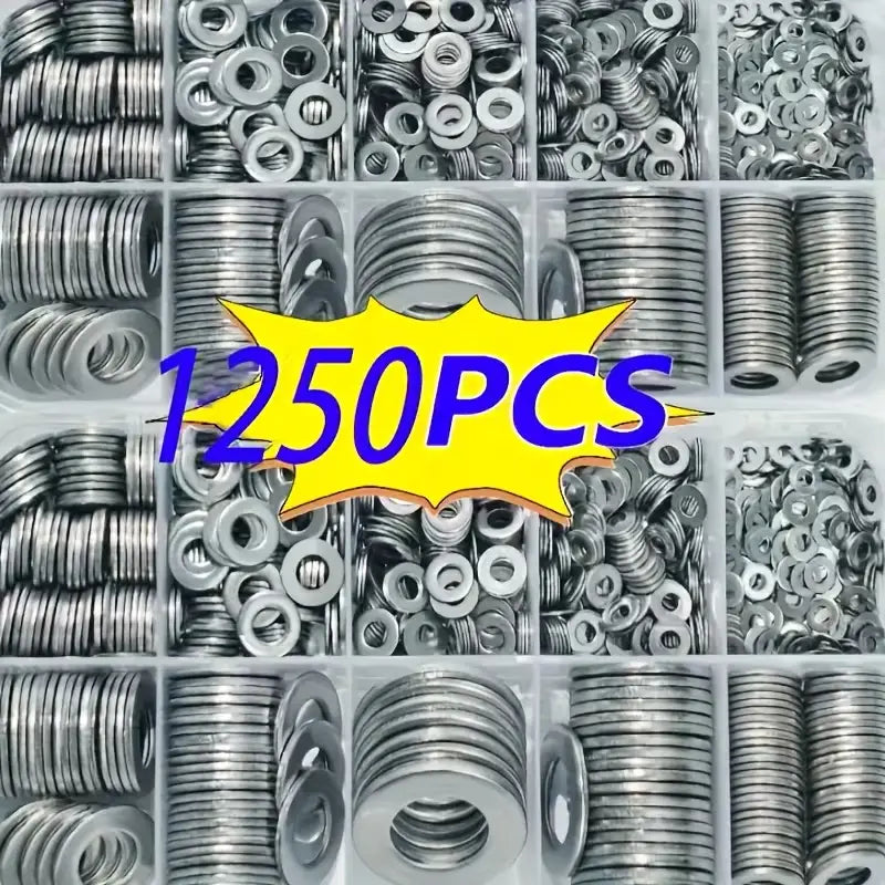 A stainless steel flat washer assorted kit 1250pcs featuring a collection of silver stainless steel flat washers in various sizes neatly organized within a clear plastic storage box.