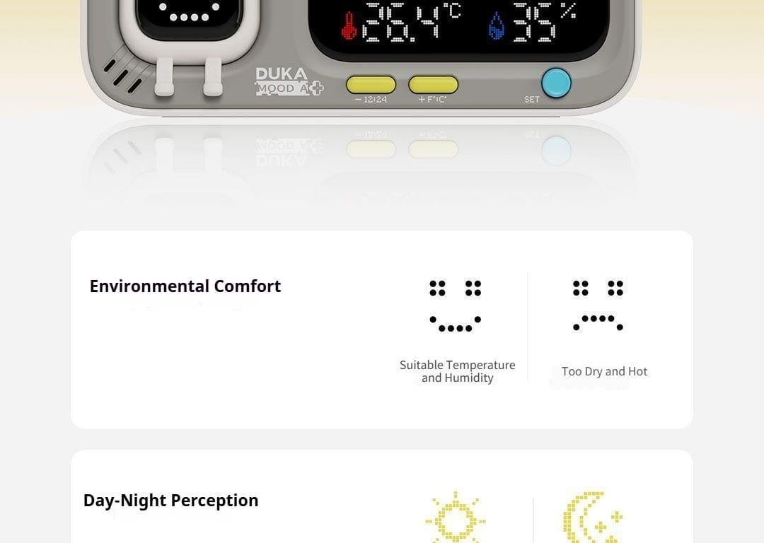 gray and white duka mooda smart temperature and humidity clock with a sleek rounded design displaying digital readings on its screen