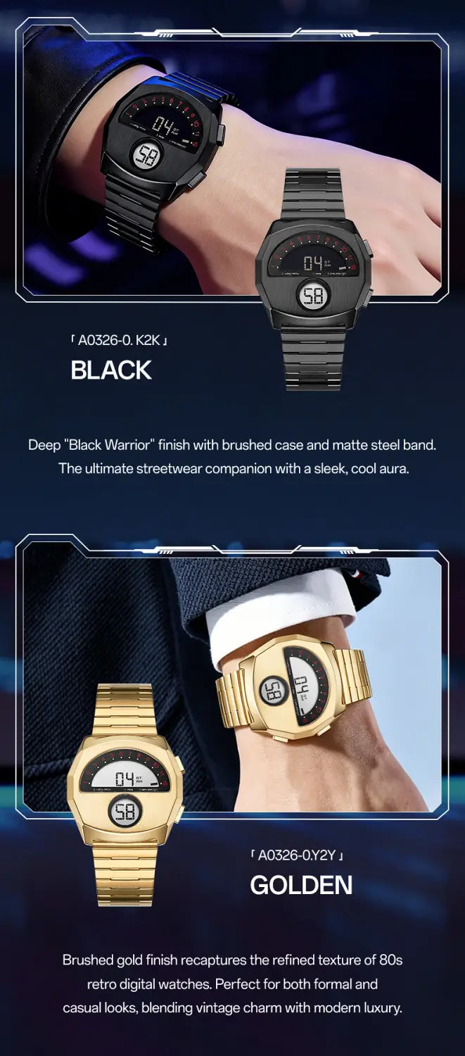 Megir men stainless steel digital watch featuring a black warrior design with a brushed steel case and matte steel band or a golden variant with a brushed gold finish.