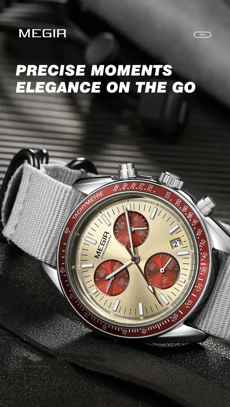 Megir men canvas chronograph watch with a silver toned case, red bezel and subdials, cream colored dial, and gray fabric strap.
