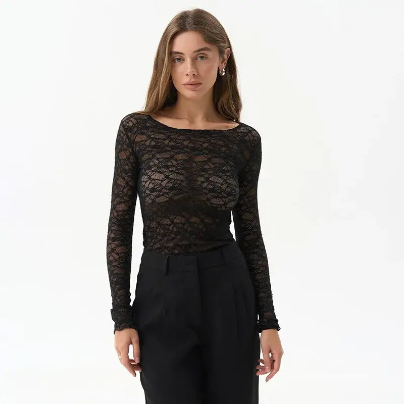 Black lace long sleeve crop top for women aesthetic clothes featuring a scoop neckline and ruffled cuffs in brown lace material.