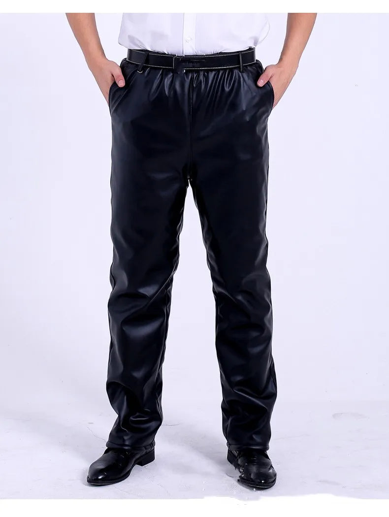 New Men's Leather Pants Business Casual PU Leather Trousers Autumn Winter Outdoor Thicken Warm Windproof Motorcycle Riding Pants