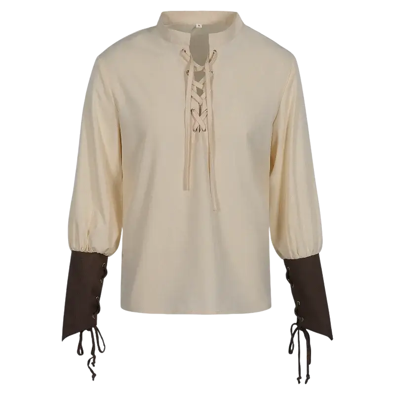 Beige medieval style long-sleeve pirate shirt with dark brown lace-up cuffs and front neckline in front view