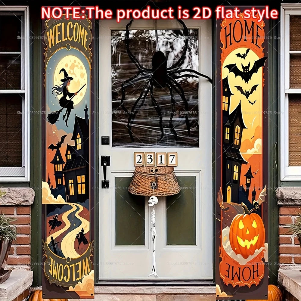 Happy Halloween Banner Pumpkin Ghost Trick or Treat Couplets Party Decorations Porch Sign Indoor Outdoor Wall Hanging Background