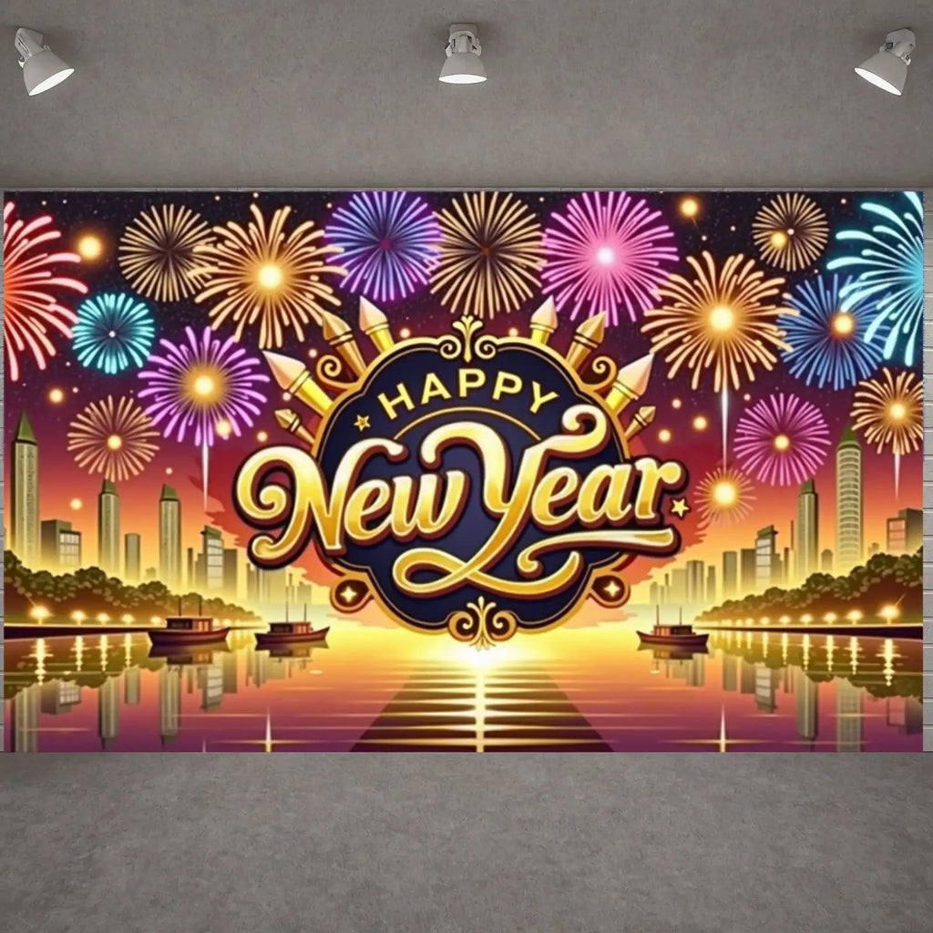 Happy New Year Banner Gift Champagne Clock 2026 New Year Party Decor Backdrop Christmas New Year Party Photo Background Supplies