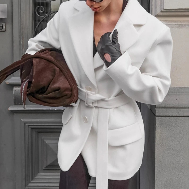 White Wool Coat for Women 2025 Winter Thickened Waist-Tied Mid-Length Women's Blazer